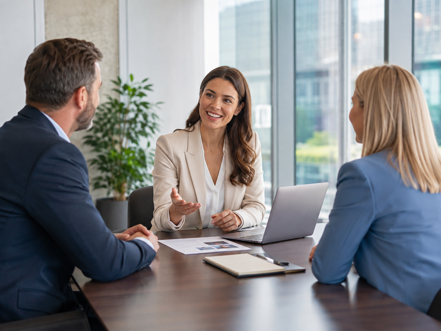 Business professionals discussing a partnership during an office meeting